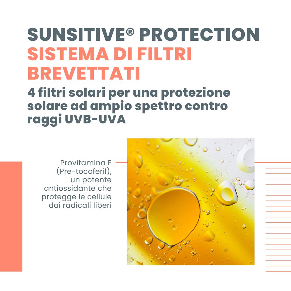 Nahaufnahme von Flüssigkeit. Text: SunSitive Protection. 4 Sonnenfilter für breiten Schutz.