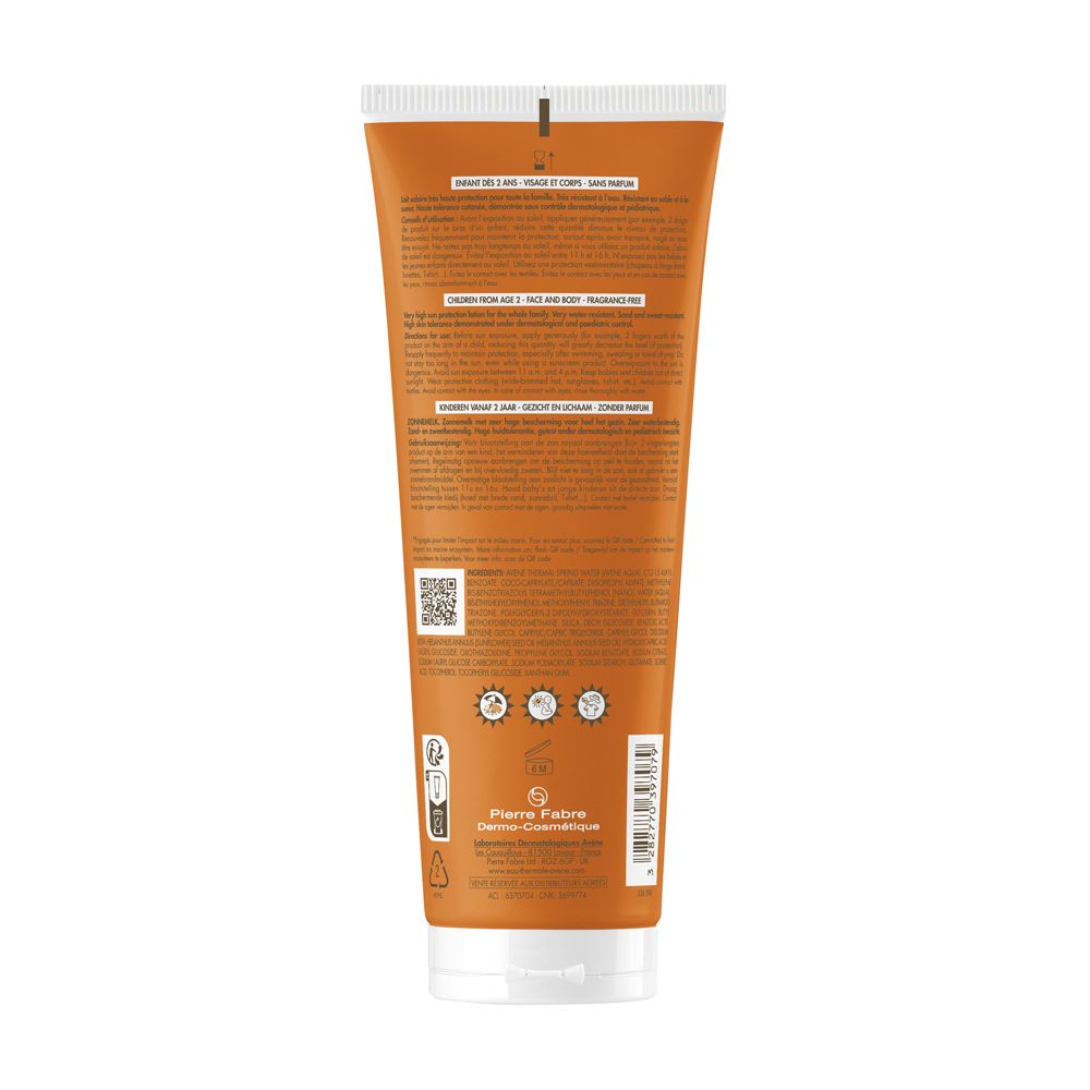 Rückseite der Sonnencreme-Tube. Text und Logos. Hersteller: Pierre Fabre.