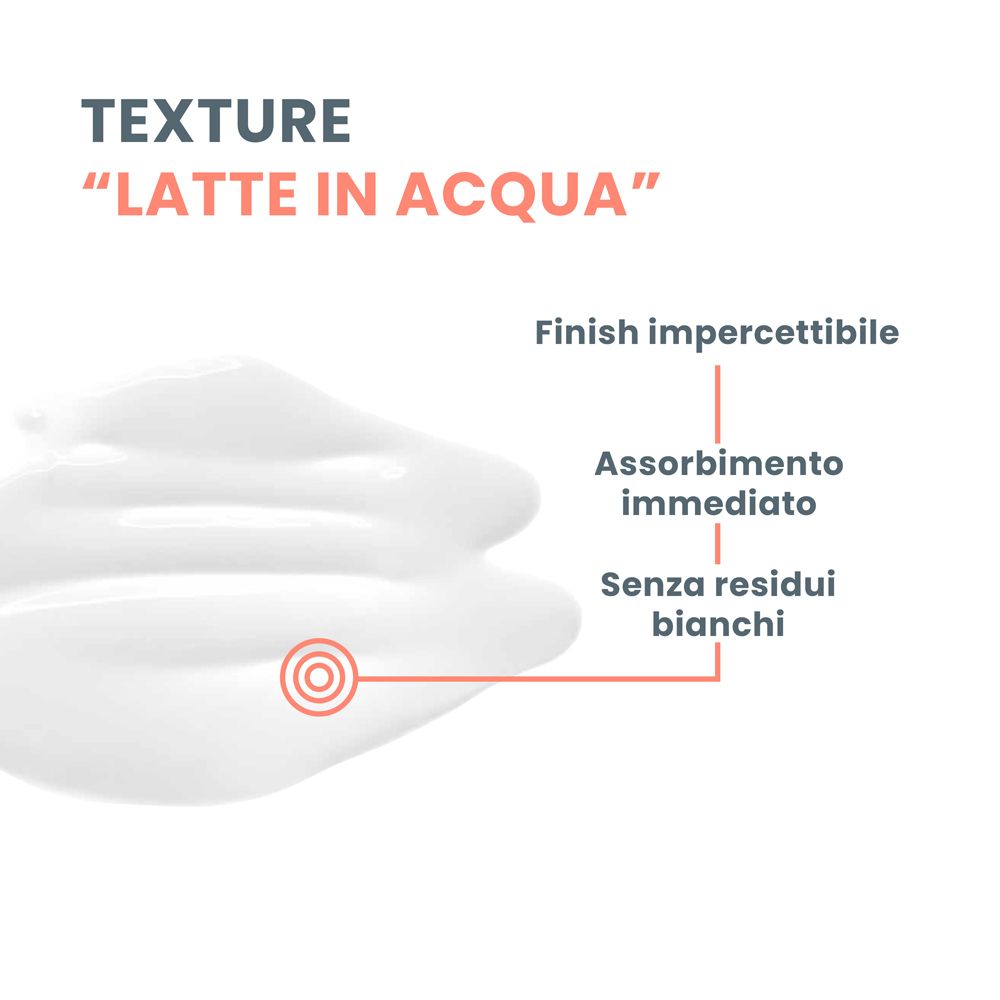 Nahaufnahme einer weißen Creme. Text: Finish impercettibile, Assorbimento immediato, Senza residui bianchi.