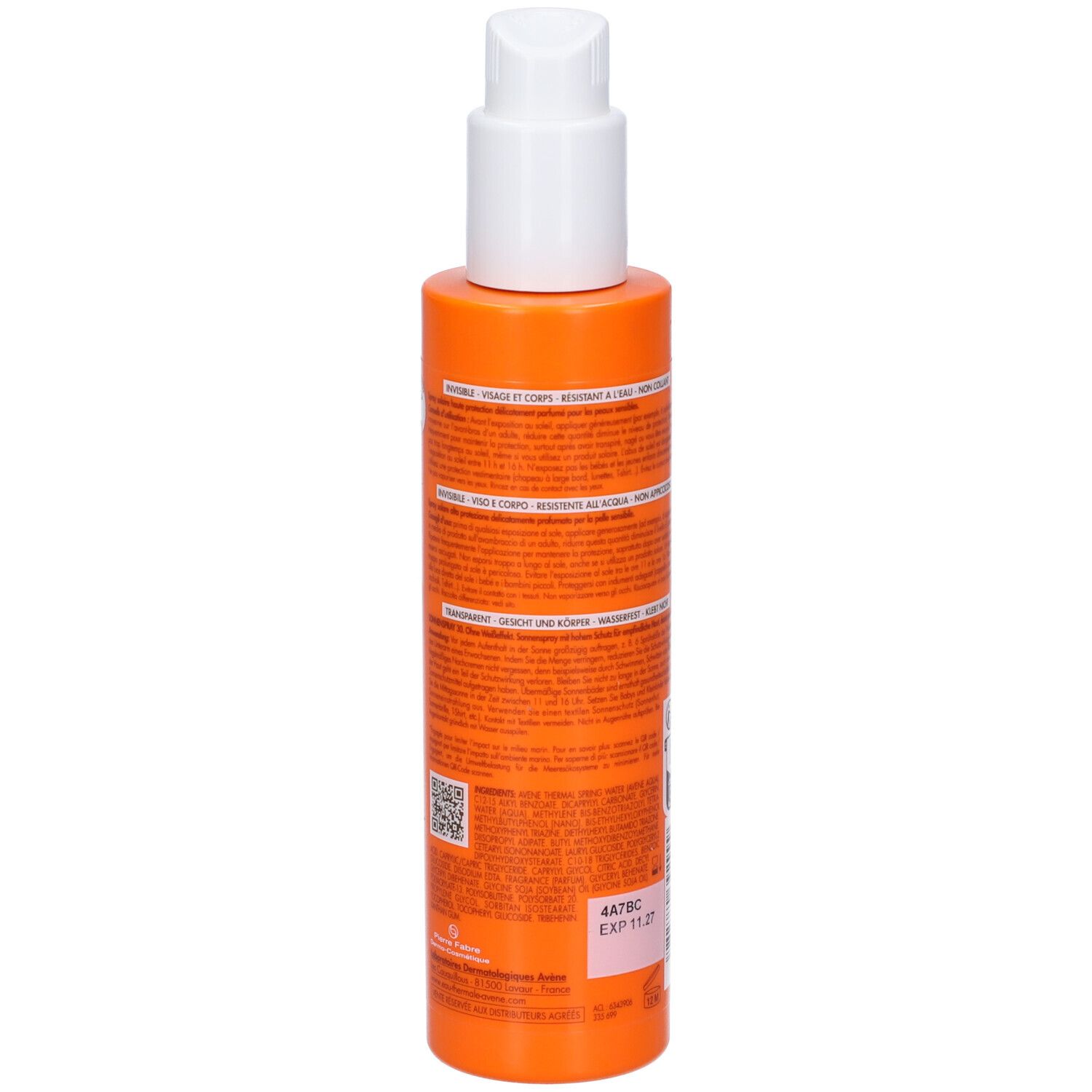Rückseite der orangefarbenen Sprühflasche. Text und QR-Code sichtbar.