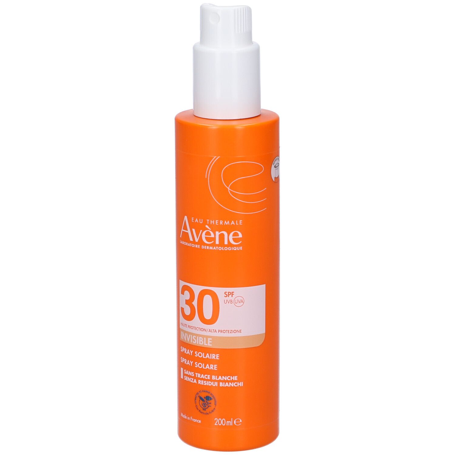 Orangefarbene Sprühflasche mit weißem Sprühkopf. Text: Eau Thermale Avène, SPF 30, Invisible Spray Solaire.