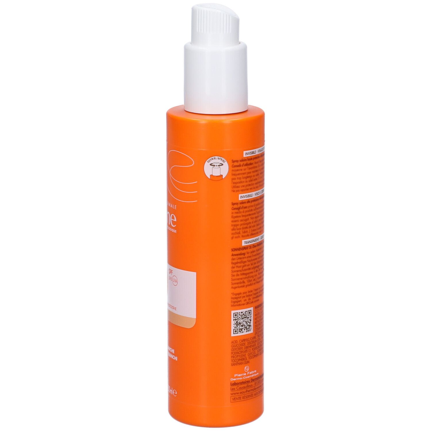 Seite der orangefarbenen Sprühflasche mit weißem Sprühkopf. Text sichtbar.