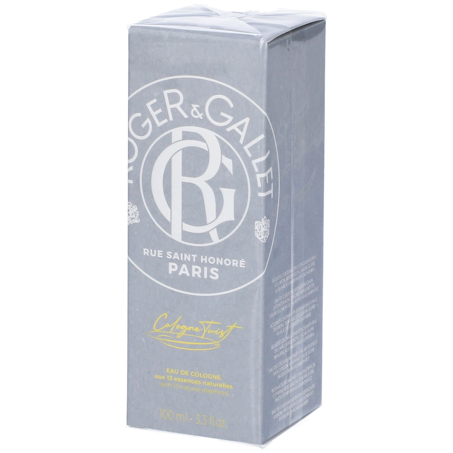 Confezione grigia ROGER & GALLET. Scritta: Cologne Twist, Rue Saint Honoré Paris. Contiene Eau de Cologne.