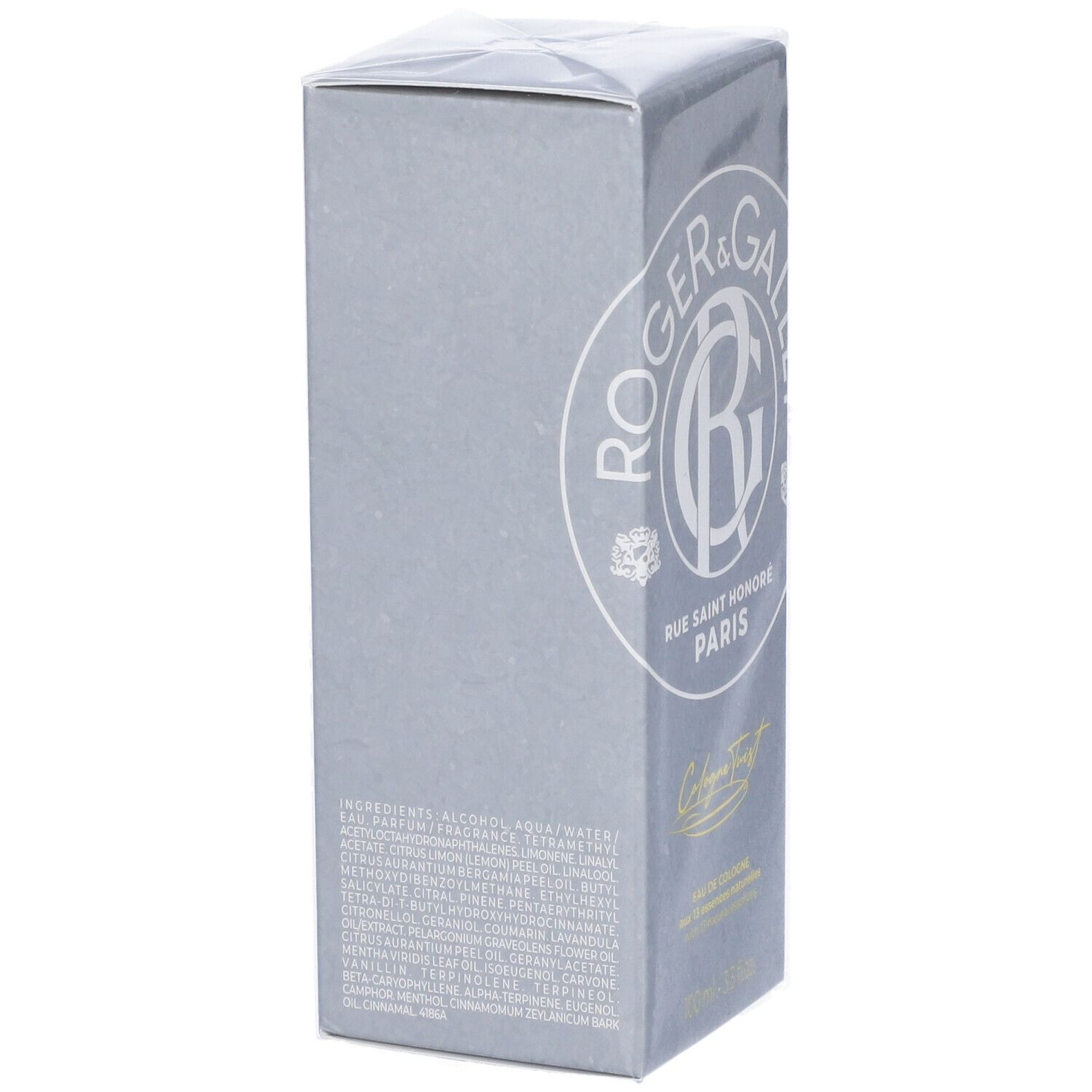 Confezione grigia ROGER & GALLET. Retro con ingredienti e informazioni. Contiene Eau de Cologne.