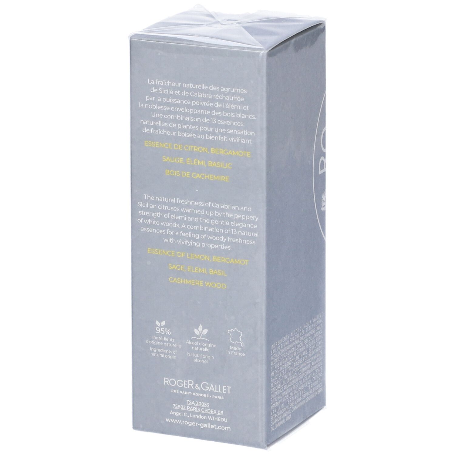 Confezione grigia ROGER & GALLET. Testo sugli ingredienti e certificazioni. Contiene Eau de Cologne.