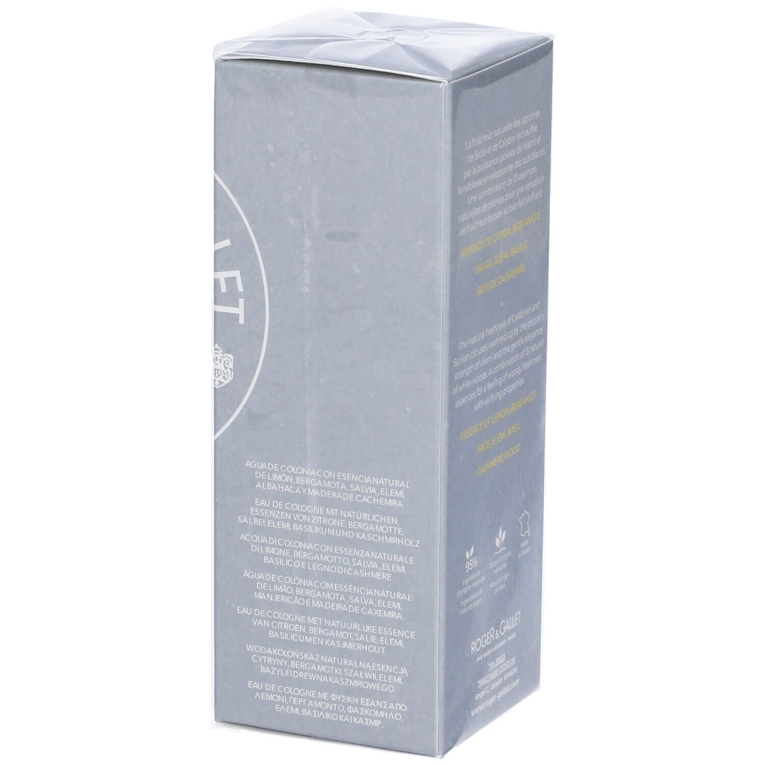 Confezione grigia ROGER & GALLET. Lato con informazioni e logo. Contiene Eau de Cologne.