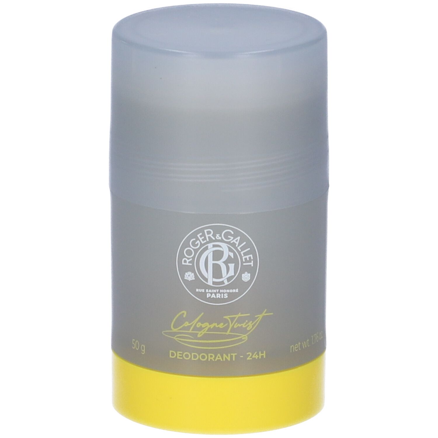 Stick deodorante grigio e giallo con coperchio. Logo e scritta ROGER&GALLET, Cologne Twist, Deodorante - 24H.