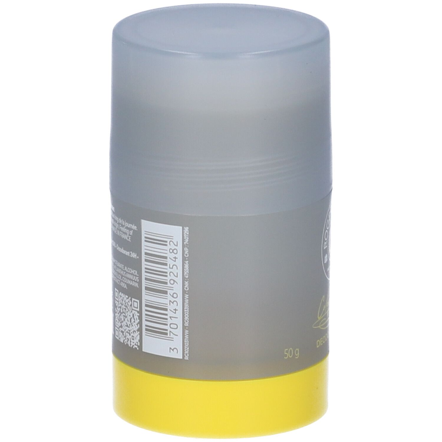 Retro dello stick deodorante con codice a barre e testo. Grigio, giallo e trasparente. ROGER&GALLET Cologne Twist.
