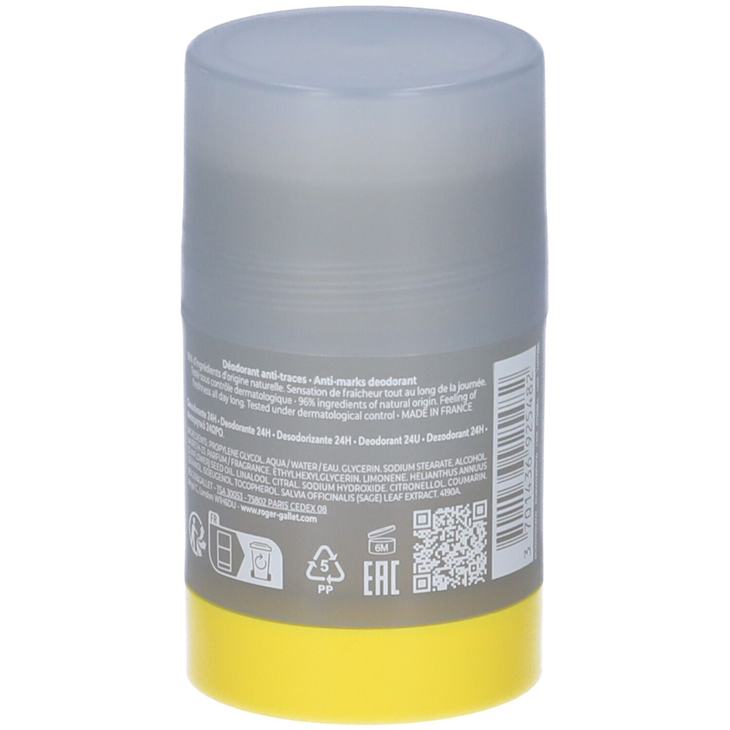 Stick deodorante con testo e ingredienti. Grigio, giallo e trasparente. ROGER&GALLET Cologne Twist.