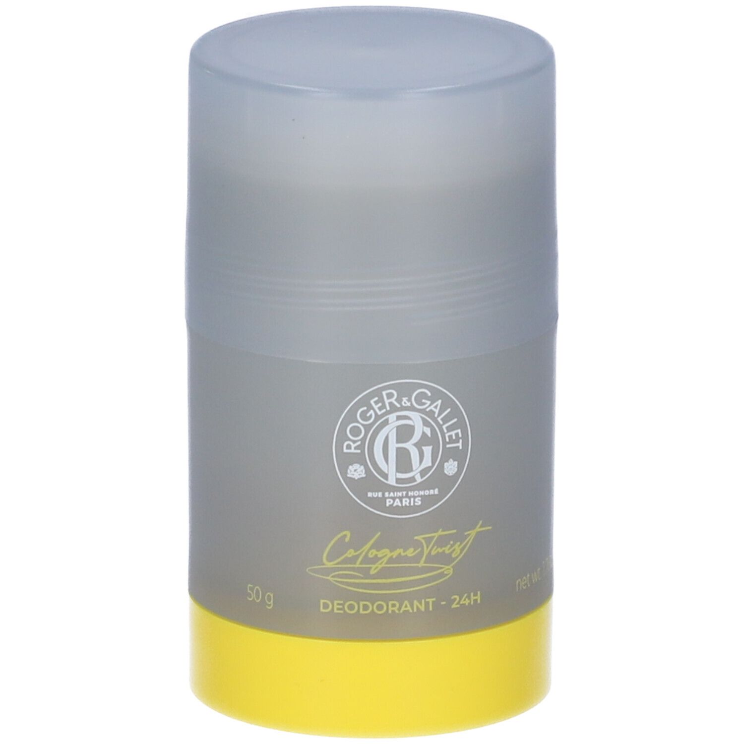 Stick deodorante grigio e giallo con coperchio. Logo e scritta ROGER&GALLET, Cologne Twist, Deodorante - 24H.