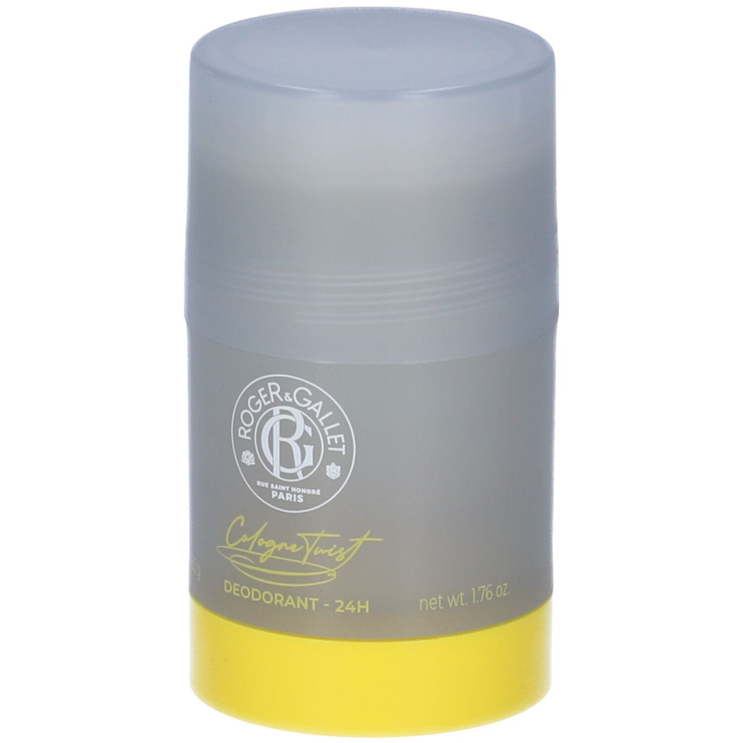 Stick deodorante grigio e giallo con coperchio. Logo e scritta ROGER&GALLET, Cologne Twist, Deodorante - 24H.