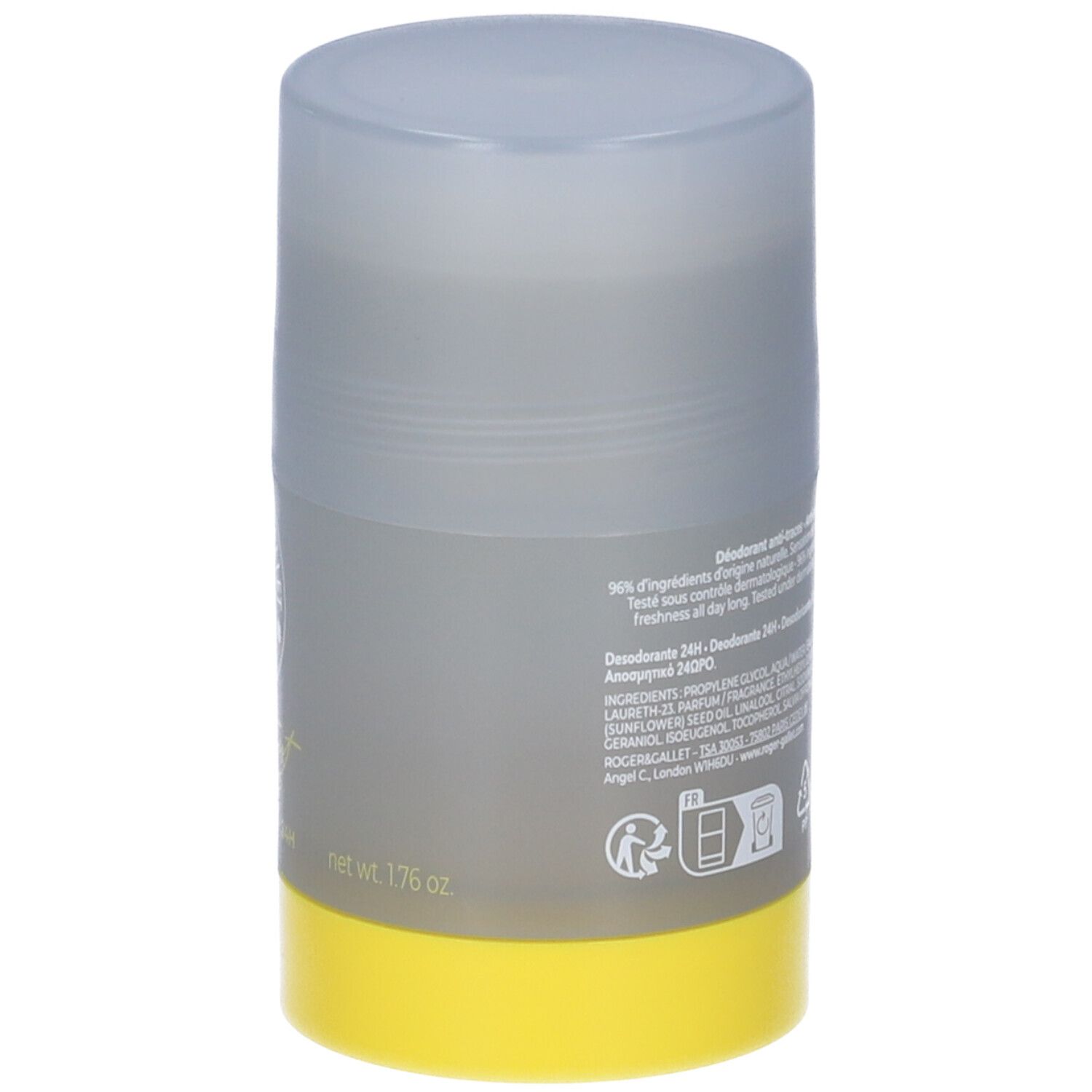 Retro dello stick deodorante con testo. Grigio, giallo e trasparente. ROGER&GALLET Cologne Twist.