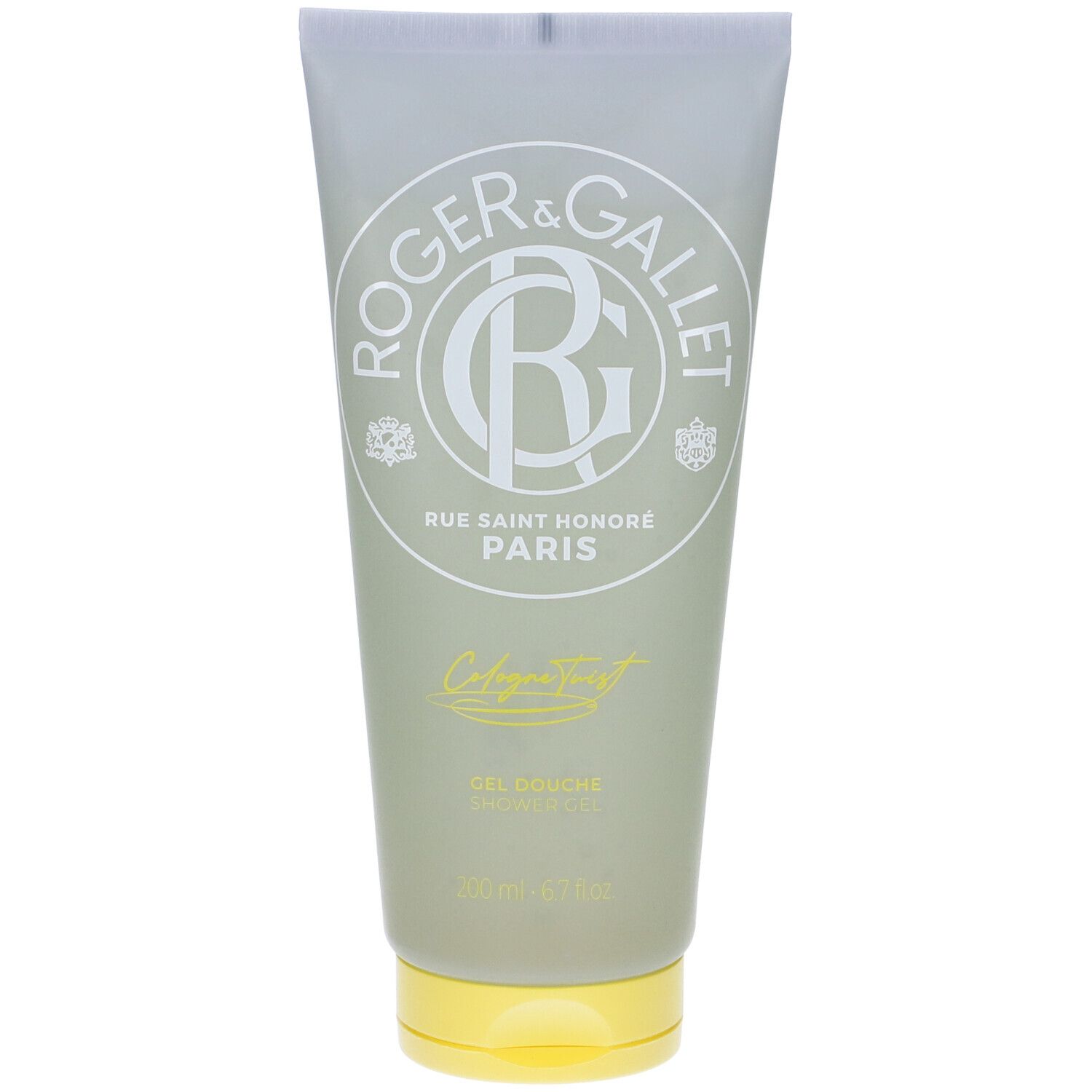 Tubo color crema con logo ROGER & GALLET. Scritta: Cologne Twist, Gel Douche. Tappo giallo.