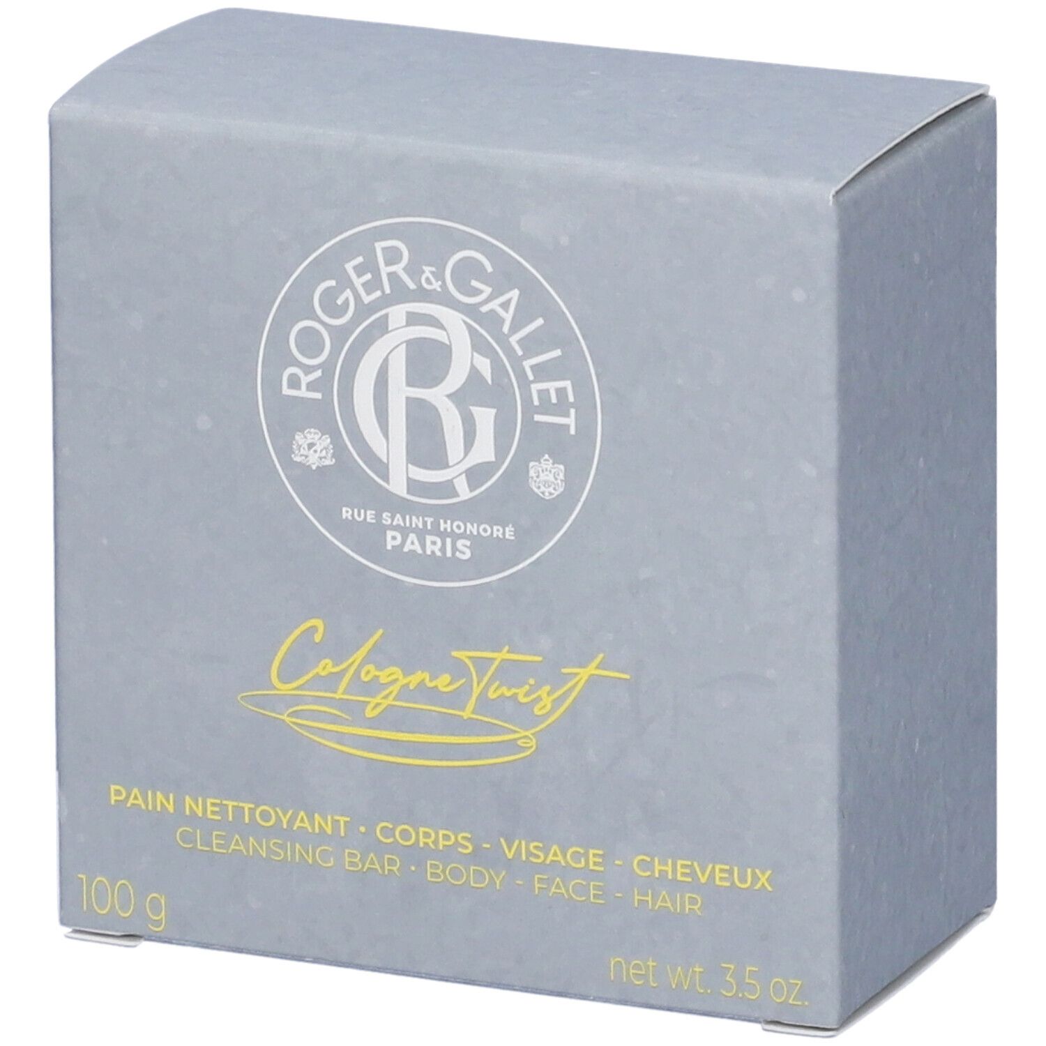Scatola grigia ROGER & GALLET, Cologne Twist. Detergente per corpo, viso, capelli. 100g, 3.5 oz. Testo bianco e giallo.
