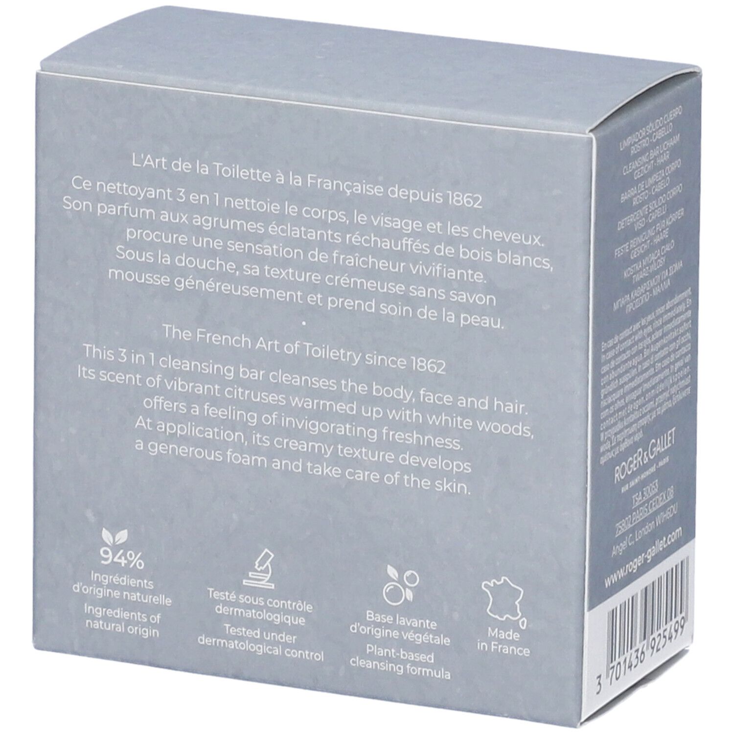 Scatola grigia ROGER & GALLET. Detergente 3 in 1 corpo, viso, capelli. 94% ingredienti naturali. Testato dermatologicamente.