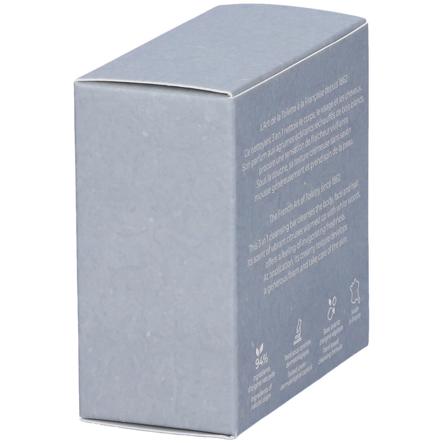 Scatola grigia. Detergente 3 in 1 corpo, viso, capelli. 94% ingredienti naturali. Testato dermatologicamente.