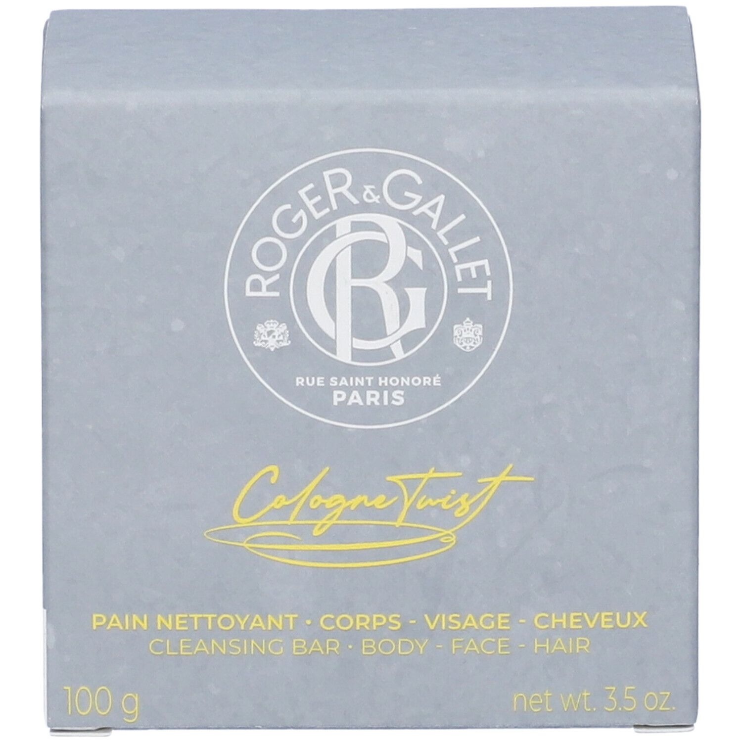 Scatola grigia ROGER & GALLET, Cologne Twist. Detergente per corpo, viso, capelli. 100g, 3.5 oz. Testo bianco e giallo.