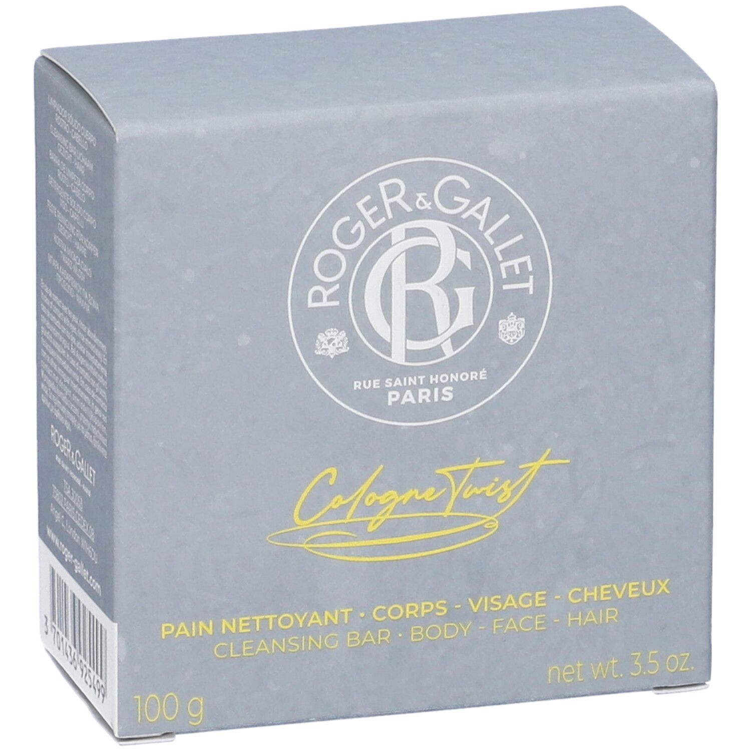 Scatola grigia ROGER & GALLET, Cologne Twist. Detergente per corpo, viso, capelli. 100g, 3.5 oz. Codice a barre.