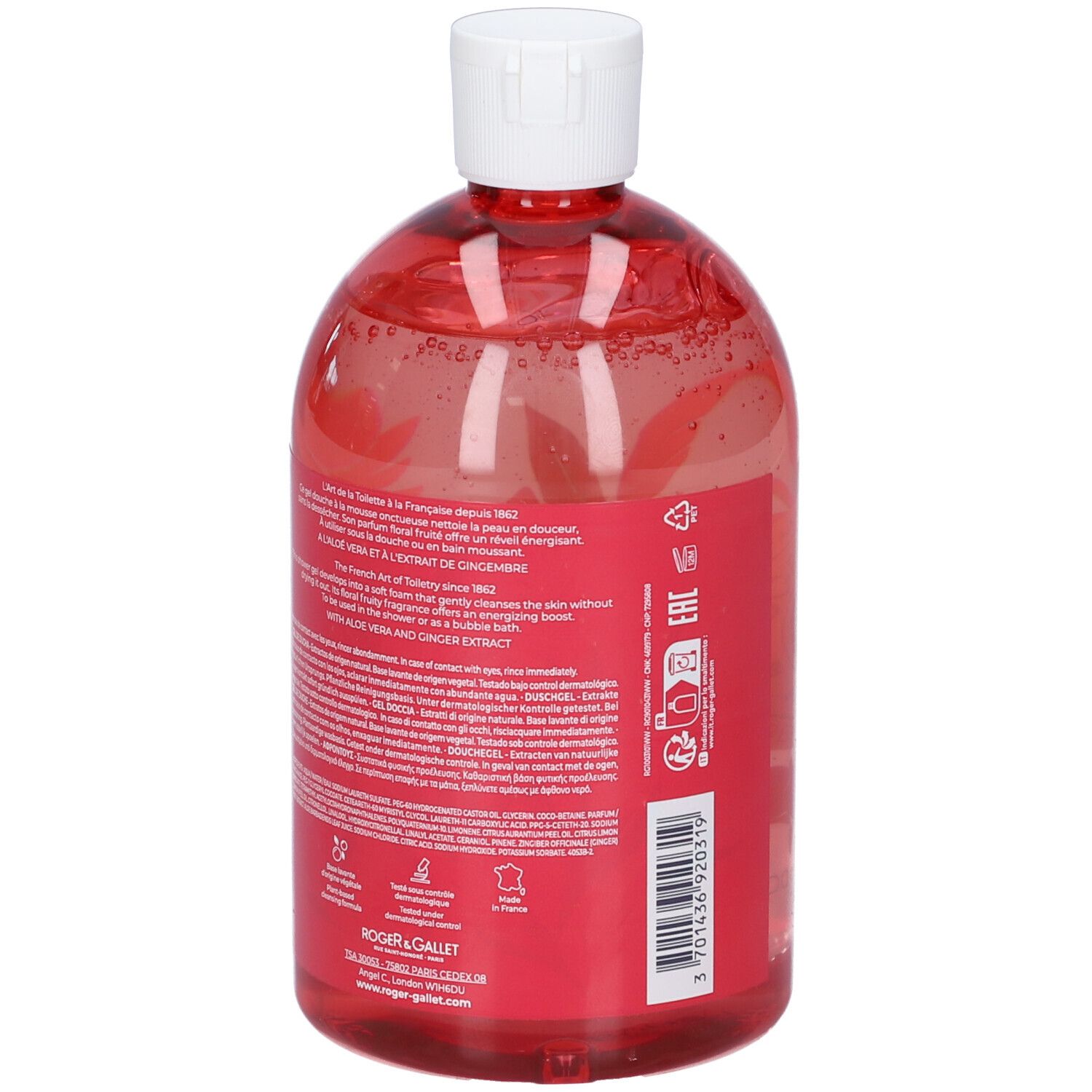 Roger & Gallet Duschgel in einer durchsichtigen Flasche mit weißem Verschluss. Rote Flüssigkeit mit kleinen Partikeln.