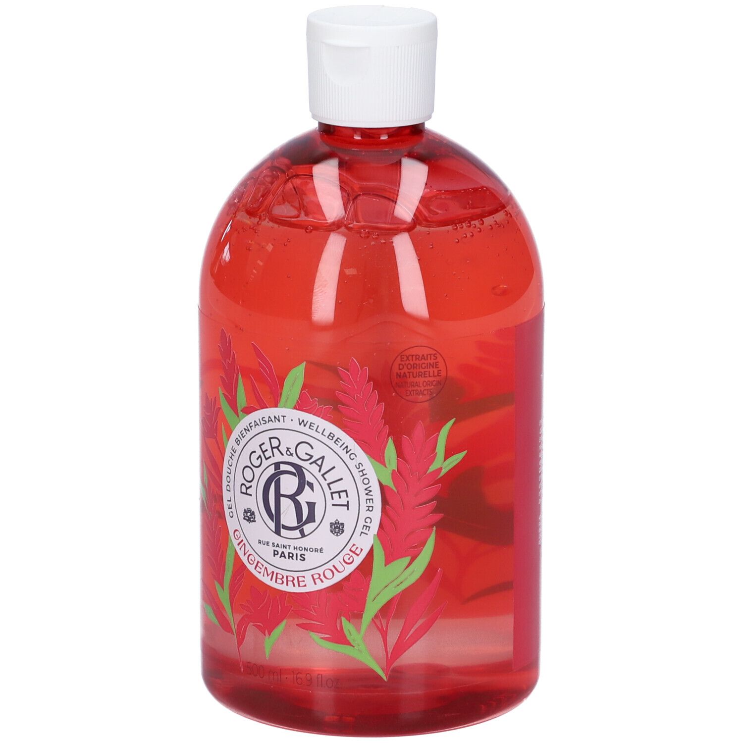 Roger & Gallet Duschgel in roter Flüssigkeit mit Ingwerblüten-Dekor. Weiße Verschlusskappe.