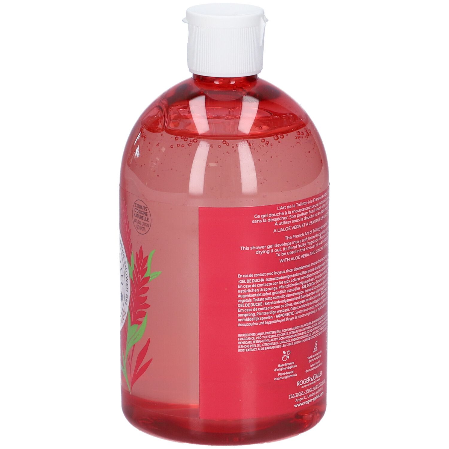 Durchsichtige Flasche mit rotem Duschgel und weißem Verschluss. Rotes Etikett mit Pflanzenabbildung und Text.