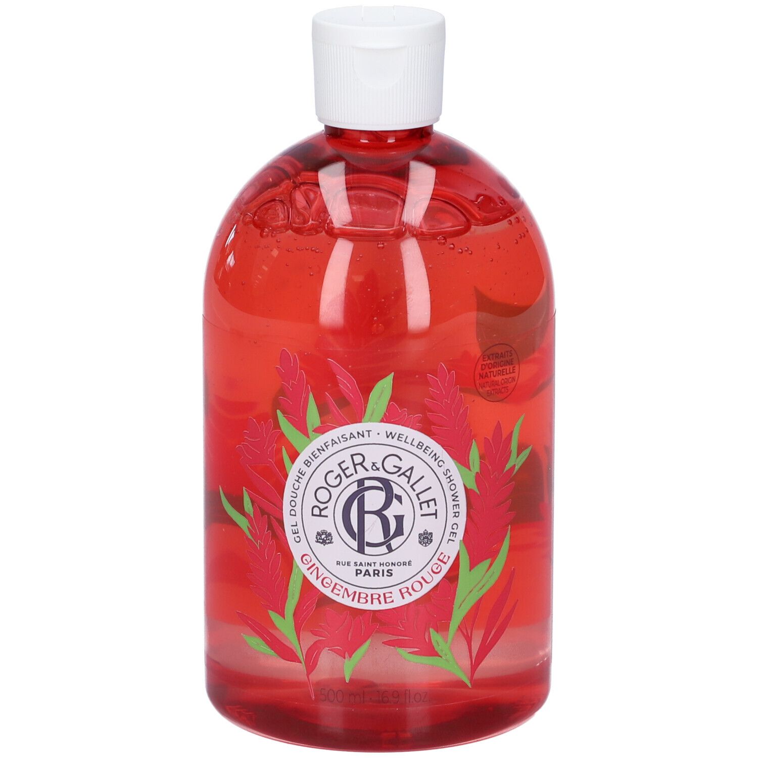 Roger & Gallet Duschgel in roter Flasche mit Ingwer-Motiv. Weißer Klappdeckel.