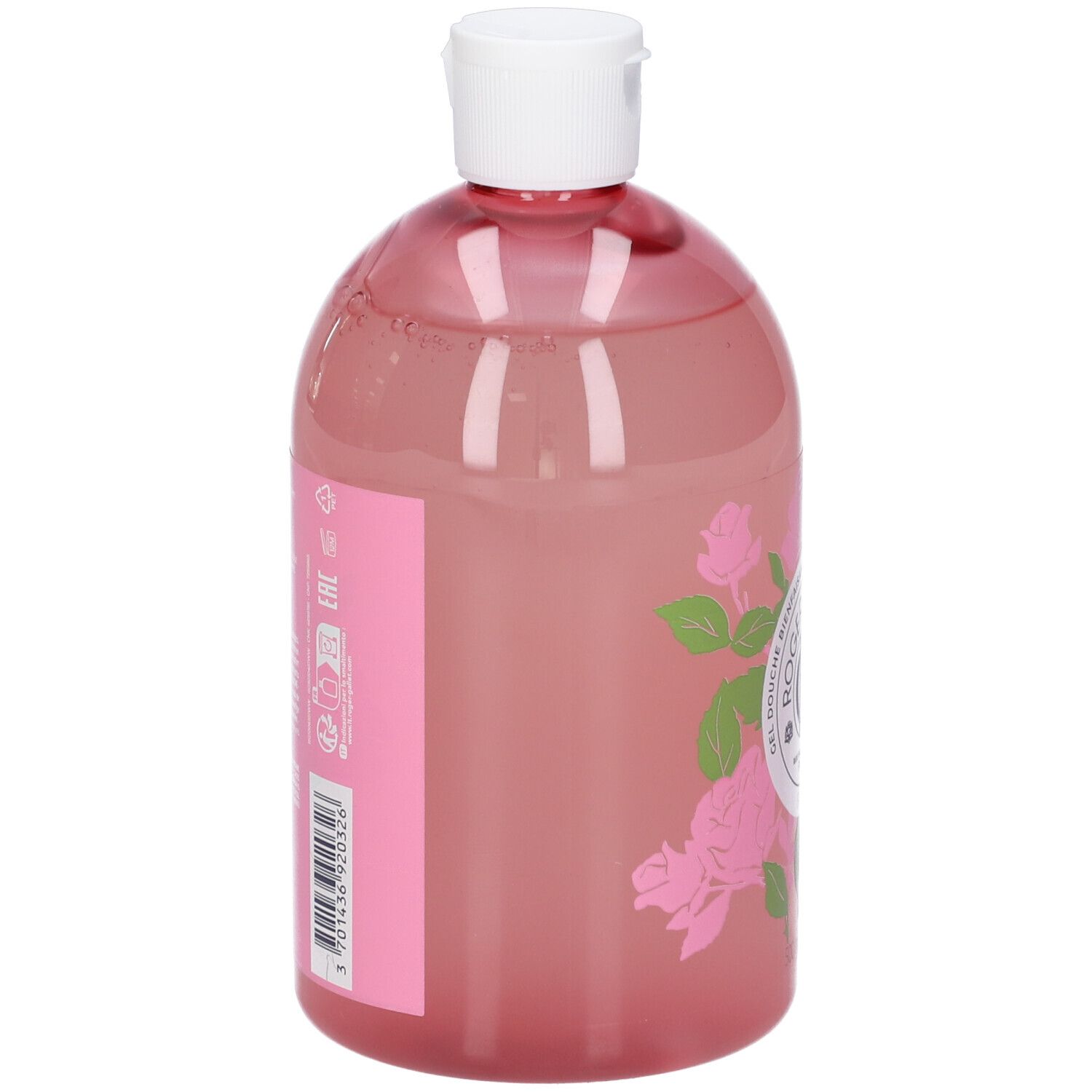 Durchsichtige Flasche mit rosa Flüssigkeit und Rosenmotiv. Weißer Klappdeckel.