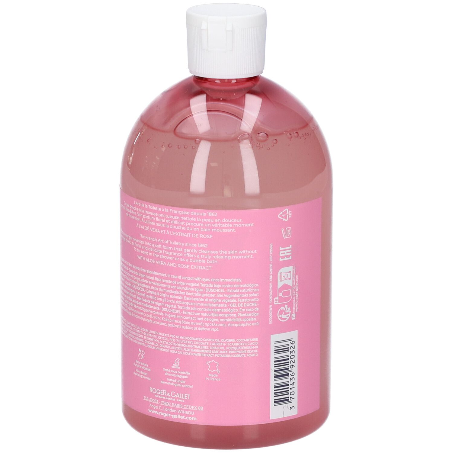 Eine Flasche mit rosa Flüssigkeit und weißem Verschluss. Etikett mit Text und Symbolen.