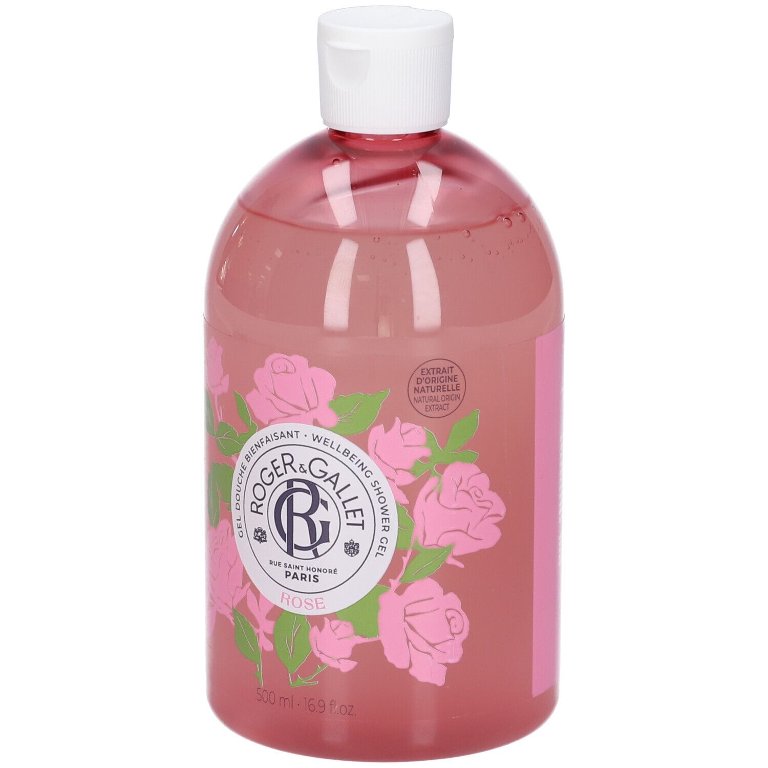 Roger & Gallet Duschgel Rose in einer durchsichtigen Flasche mit rosa Flüssigkeit und Rosenmotiv.