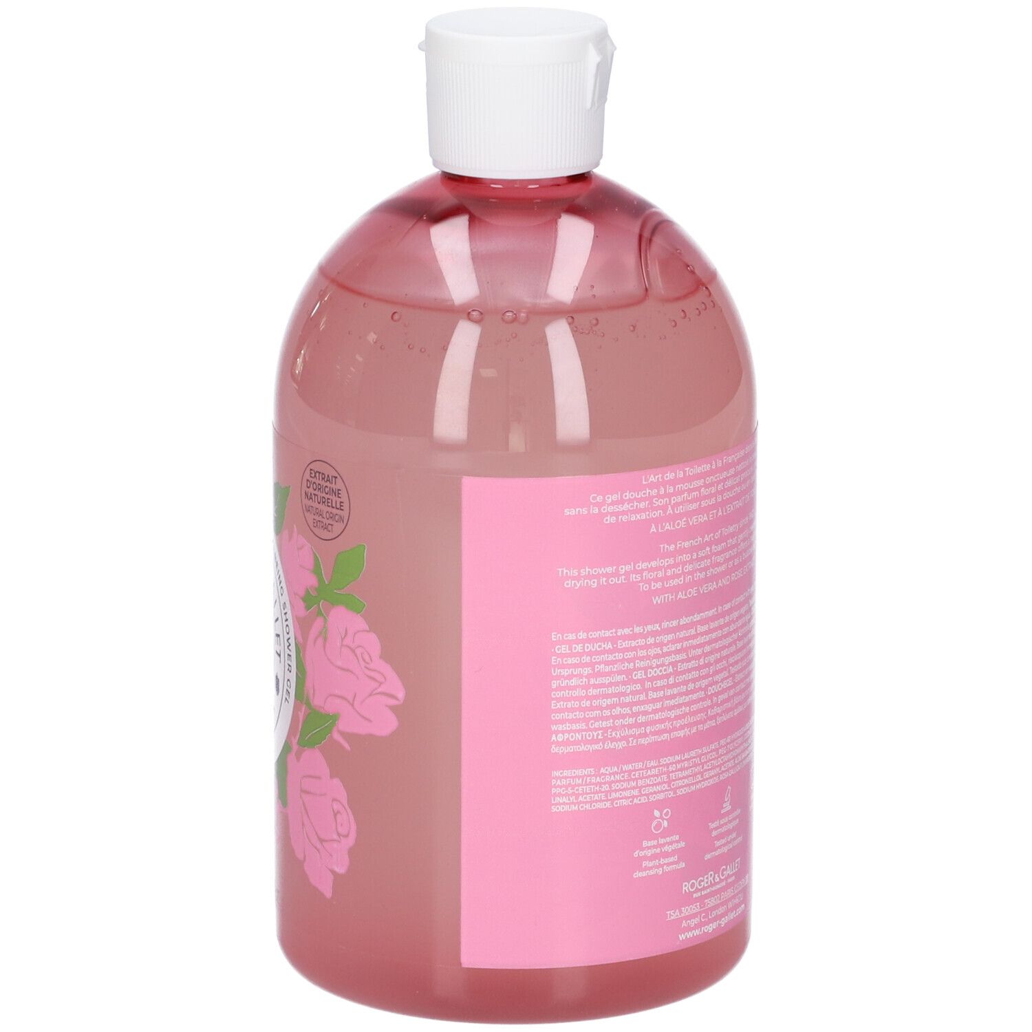 Durchsichtige Flasche mit rosa Duschgel und weißem Klappdeckel. Rosa Etikett mit Rosenmotiv und Text.