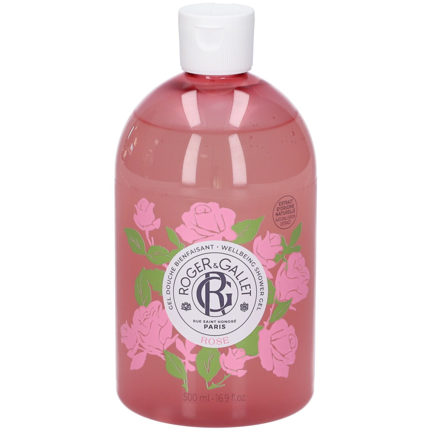 Roger & Gallet Duschgel Rose in 500 ml Flasche mit Rosenmotiv.