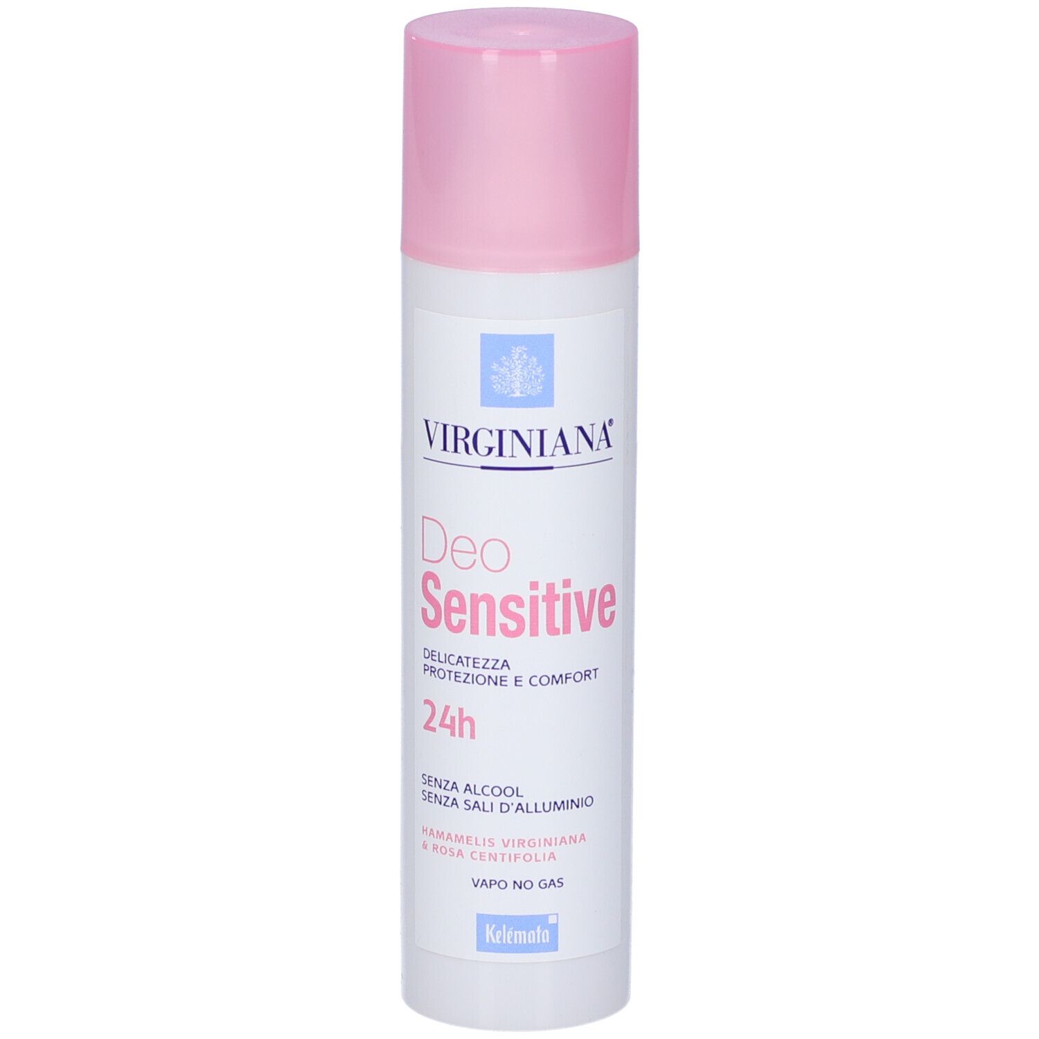 Spray deodorante con tappo rosa. Scritta: Virginiana Deo Sensitive 24h. Senza alcool, senza sali di alluminio.