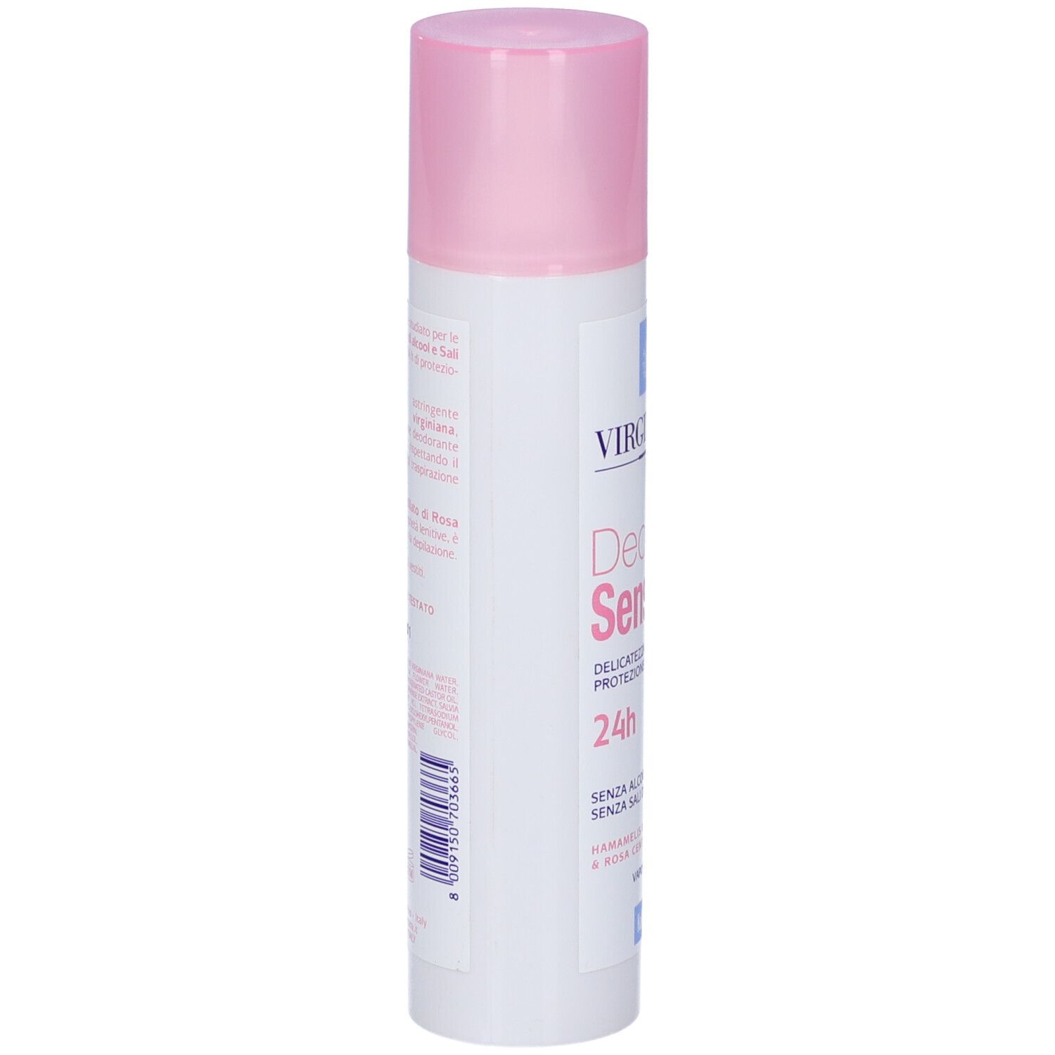 Vista laterale dello spray deodorante. Tappo rosa, contenitore bianco. Testo: Virginiana, Deo Sensitive 24h. Senza alcool, senza sali di alluminio.