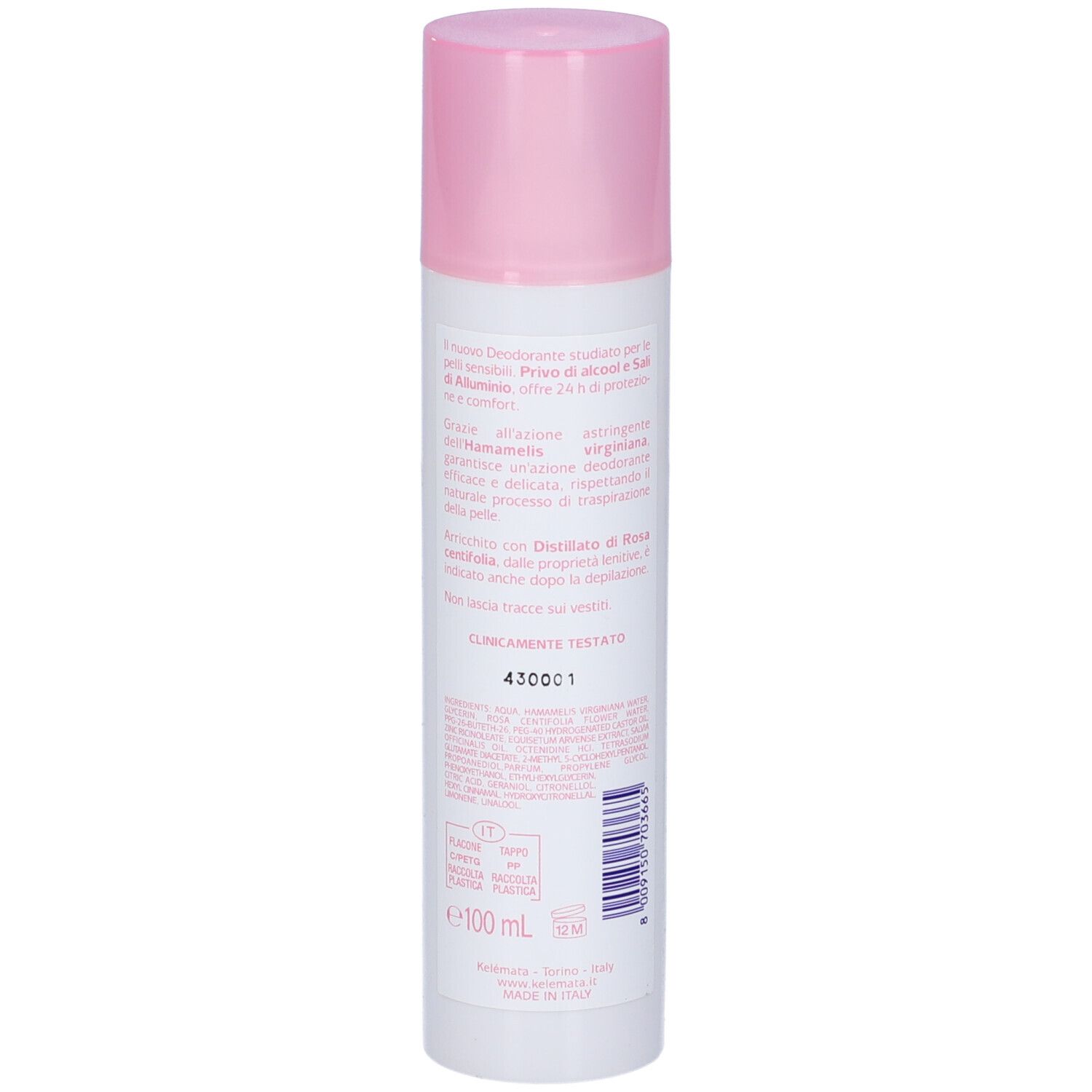 Spray deodorante, retro. Tappo rosa, contenitore bianco. Testo e informazioni in italiano. Volume: 100 ml.