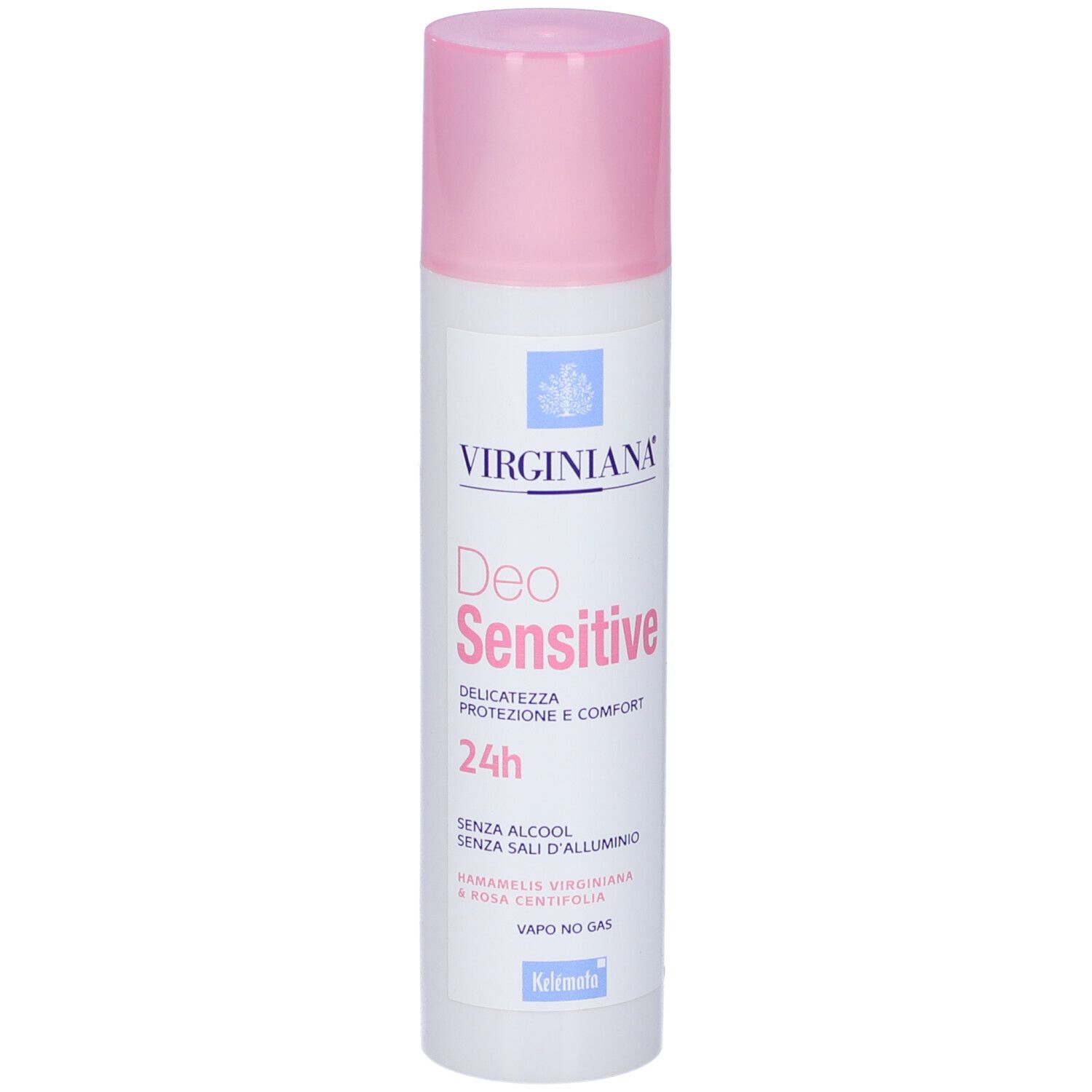 Spray deodorante con tappo rosa. Scritta: Virginiana Deo Sensitive 24h. Senza alcool, senza sali di alluminio.
