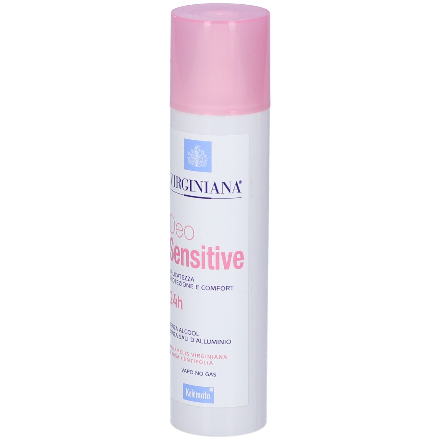 Spray deodorante con tappo rosa. Scritta: Virginiana Deo Sensitive 24h. Senza alcool, senza sali di alluminio.