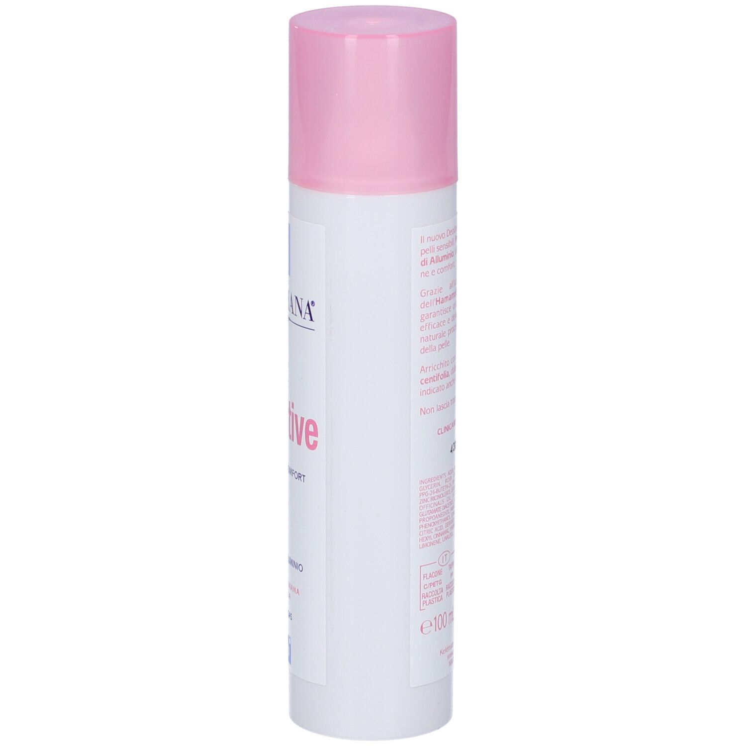 Vista laterale dello spray deodorante. Tappo rosa, contenitore bianco. Testo: Virginiana, Deo Sensitive 24h. Senza alcool, senza sali di alluminio.
