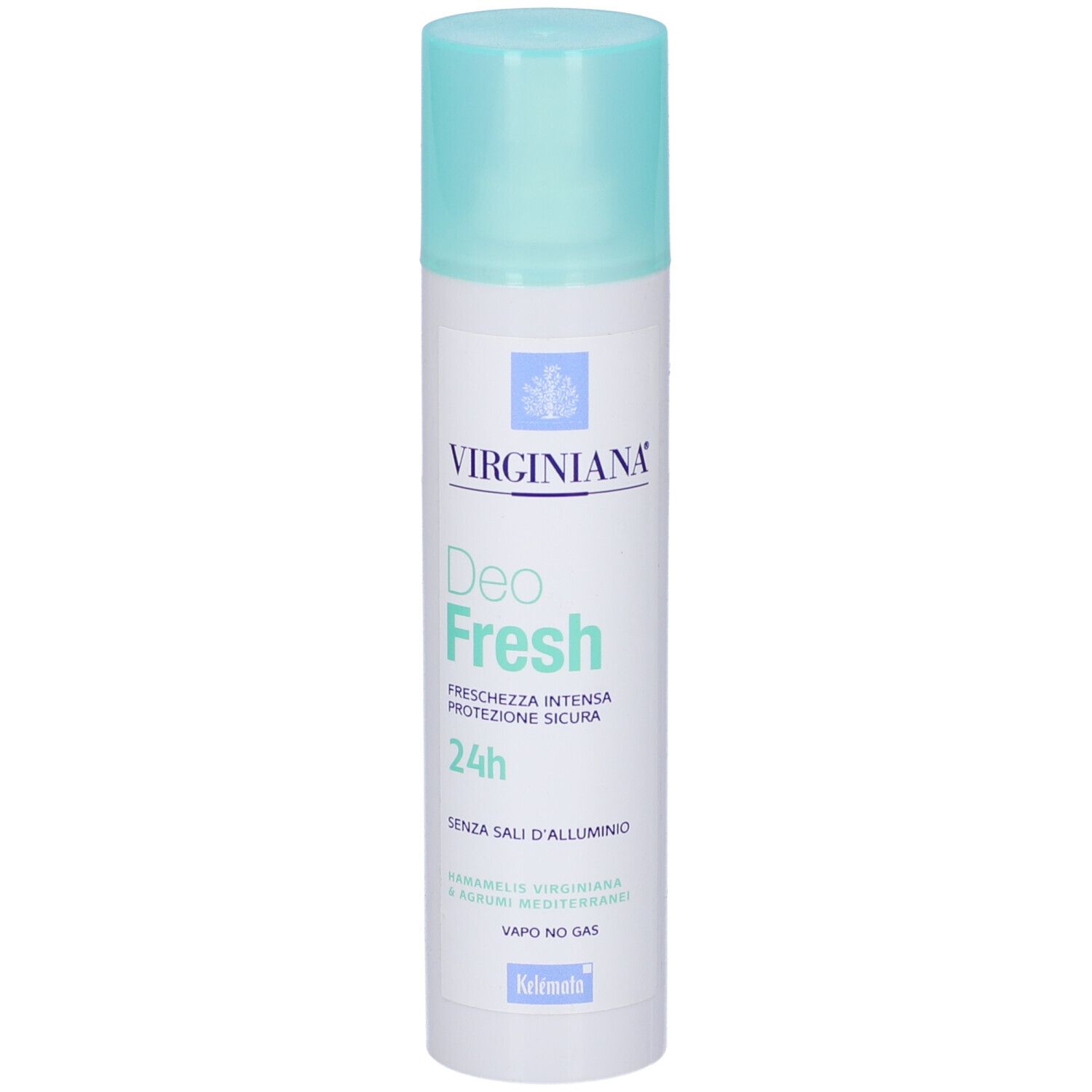 Bomboletta spray Deo Fresh, bianca con tappo azzurro. Scritta Virginiana, Deo Fresh, 24h, senza sali di alluminio.