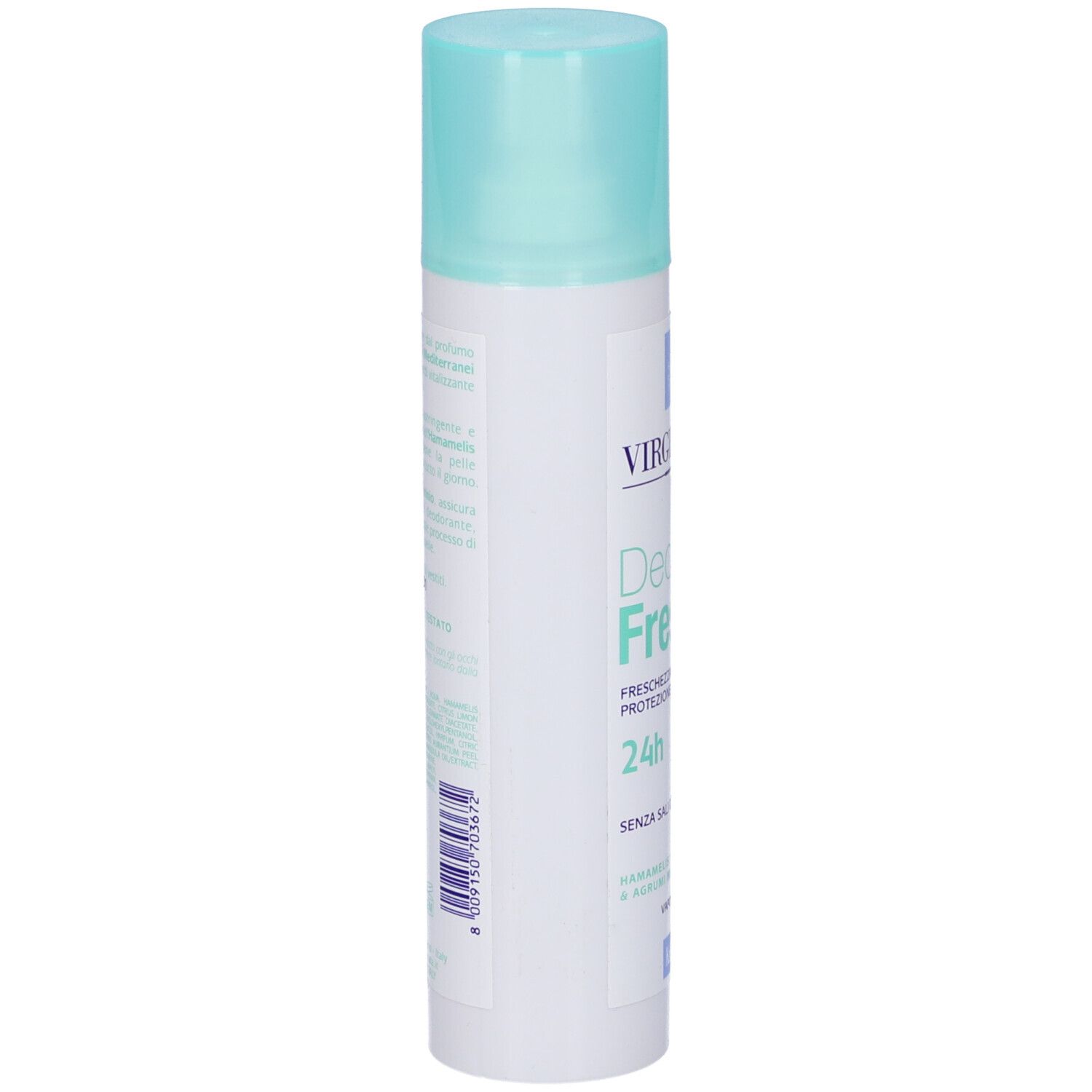 Bomboletta spray Deo Fresh, vista laterale. Bianca con tappo azzurro. Testo sulla bomboletta.