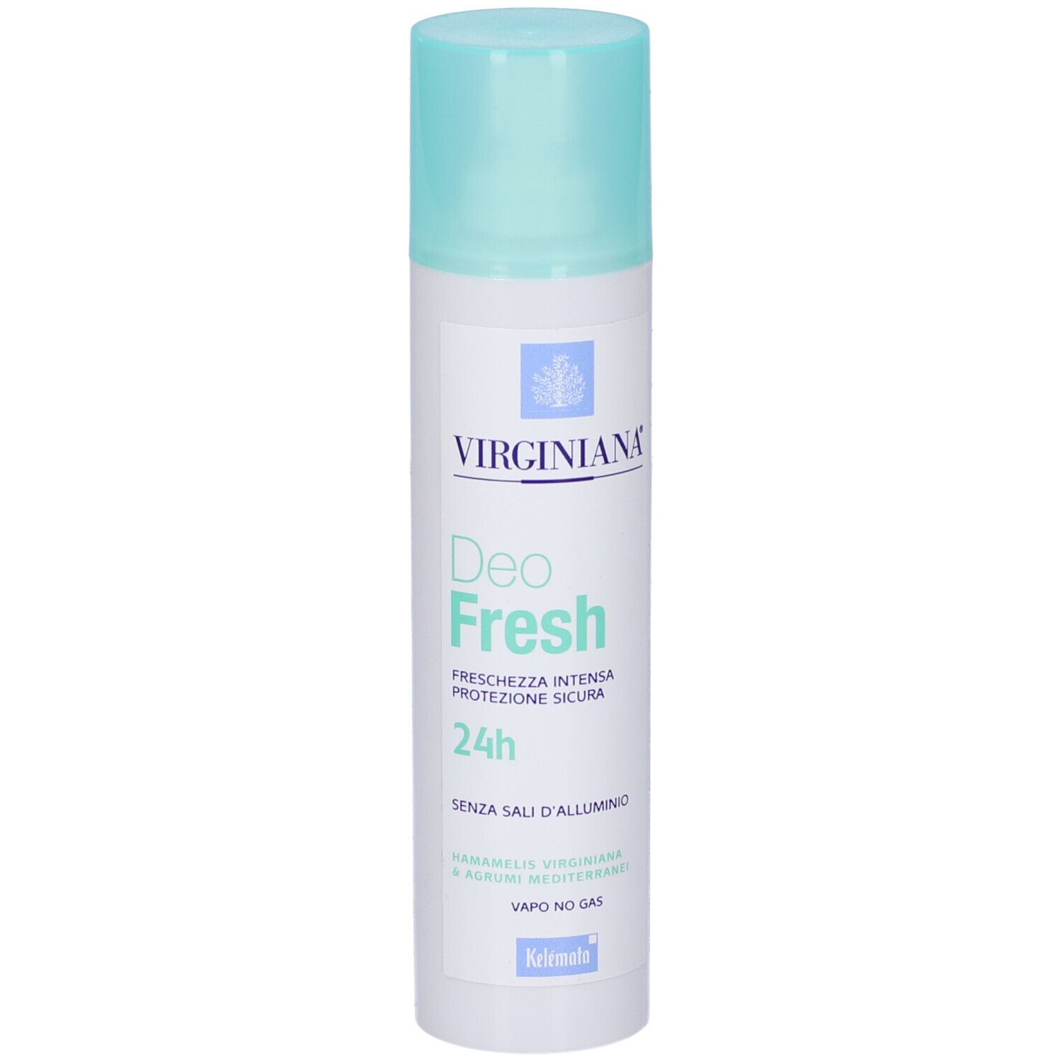 Bomboletta spray Deo Fresh, bianca con tappo azzurro. Scritta Virginiana, Deo Fresh, 24h, senza sali di alluminio.