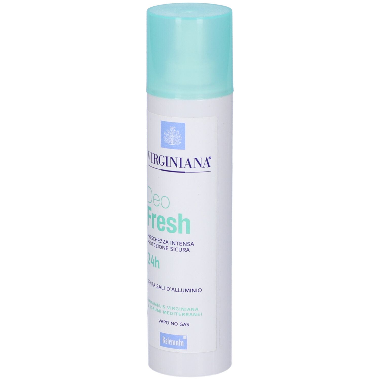 Bomboletta spray Deo Fresh, bianca con tappo azzurro. Scritta Virginiana, Deo Fresh, 24h, senza sali di alluminio.