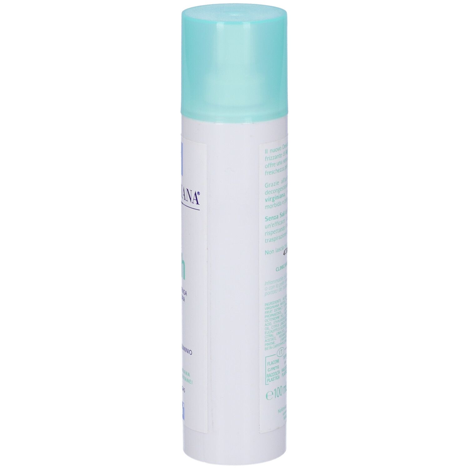 Bomboletta spray Deo Fresh, vista laterale. Bianca con tappo azzurro. Testo sulla bomboletta.