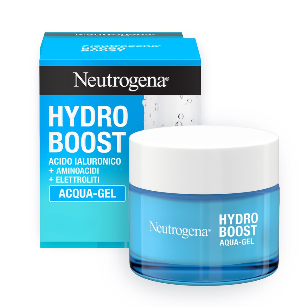 Neutrogena Hydro Boost Aqua-Gel in blauem Glasbehälter mit weißem Deckel und Kartonverpackung.