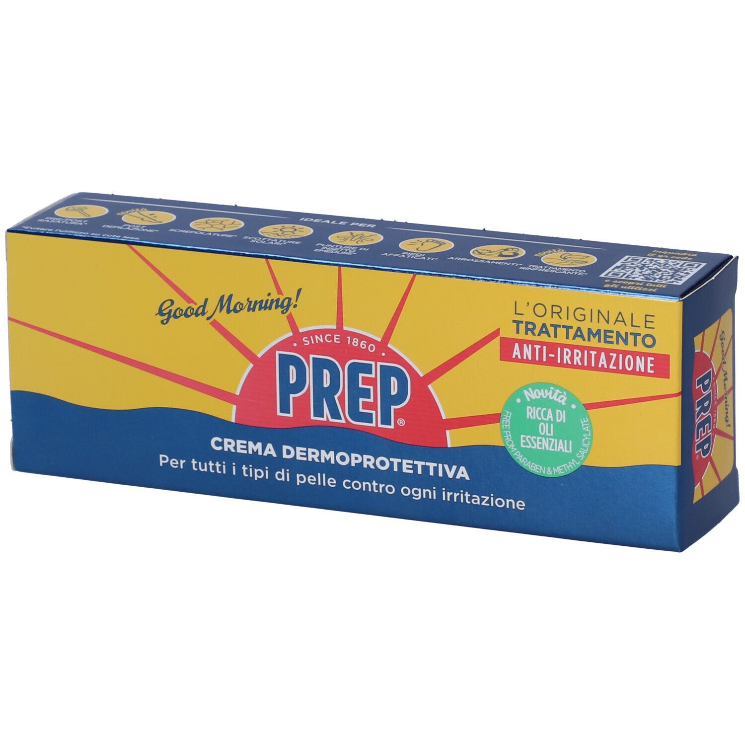Confezione di Prep Crema Dermoprotettiva. Scatola blu e gialla con nome e logo del prodotto. Testo: Anti-irritazione.