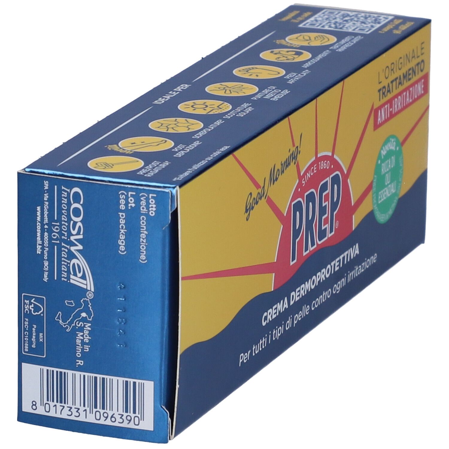 Confezione di Prep Crema Dermoprotettiva. Scatola blu e gialla con nome e logo del prodotto. Codice a barre e testo.