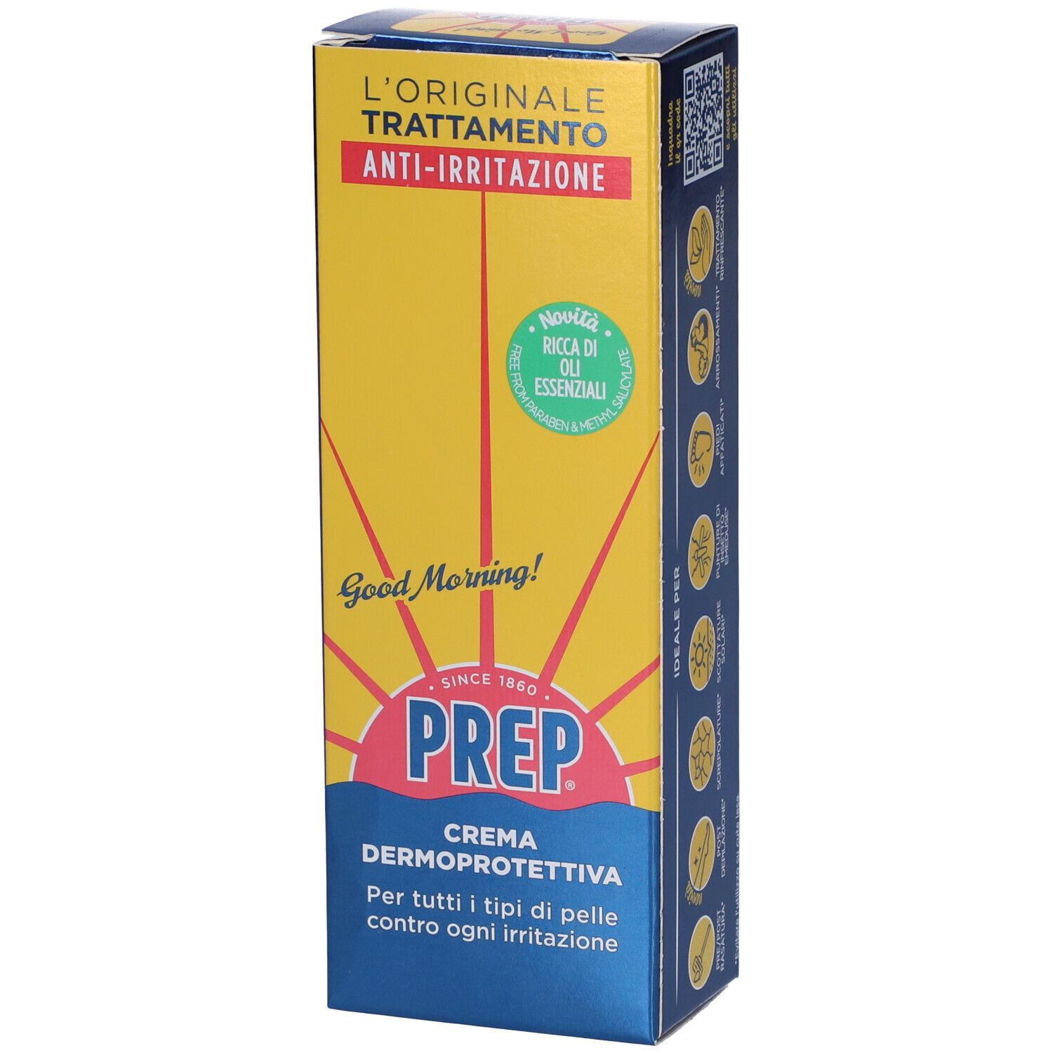 Confezione di Prep Crema Dermoprotettiva. Scatola blu e gialla con nome e logo del prodotto. Testo: Anti-irritazione.