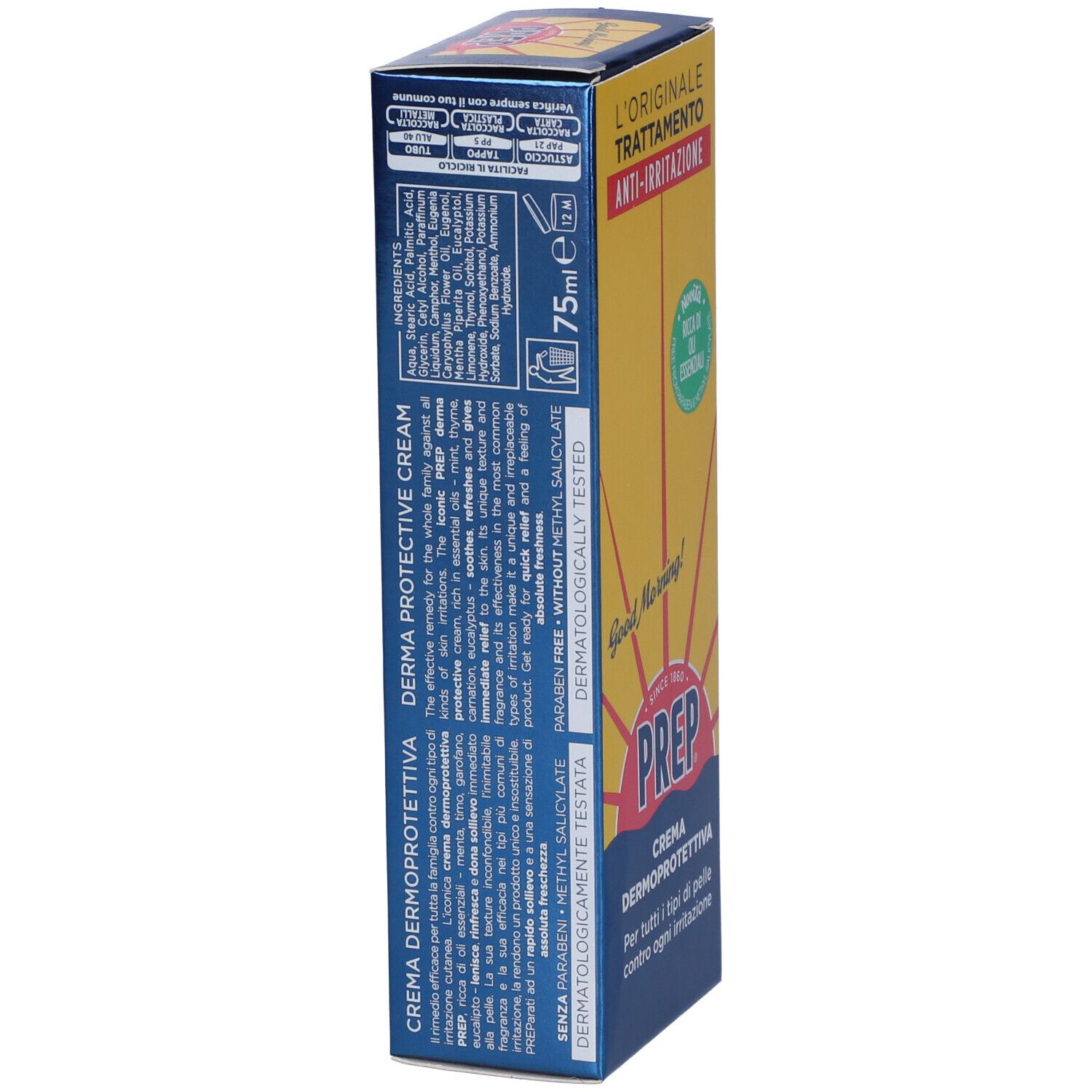 Confezione di Prep Crema Dermoprotettiva. Scatola blu e gialla con nome e logo del prodotto. Testo e ingredienti.