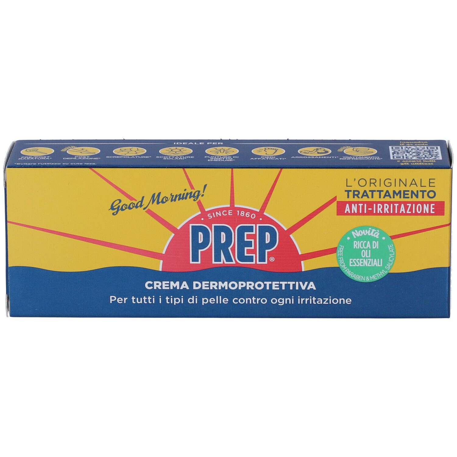Confezione di Prep Crema Dermoprotettiva. Scatola blu e gialla con nome e logo del prodotto. Testo: Anti-irritazione.