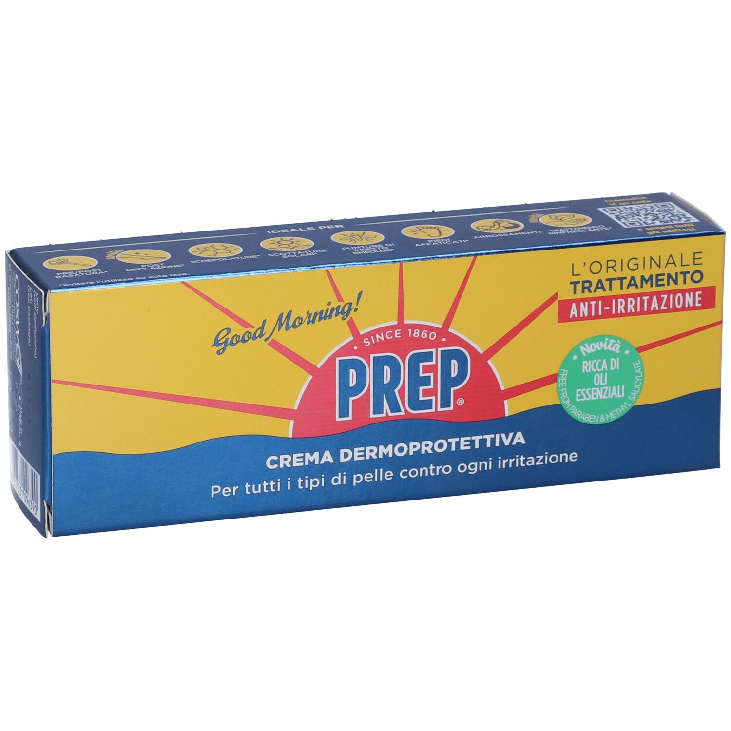 Confezione di Prep Crema Dermoprotettiva. Scatola blu e gialla con nome e logo del prodotto. Testo: Anti-irritazione.