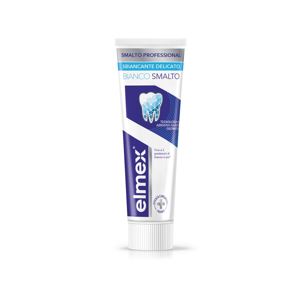 Elmex Zahnpasta-Tube mit weißem Deckel. Blauer und weißer Aufdruck mit Zahn-Symbol und "elmex" Schriftzug.